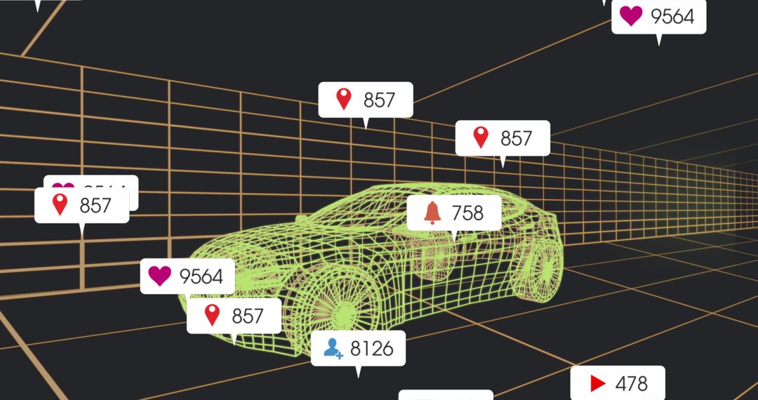 Futuristic Neon Wireframe Car with Digital Notifications