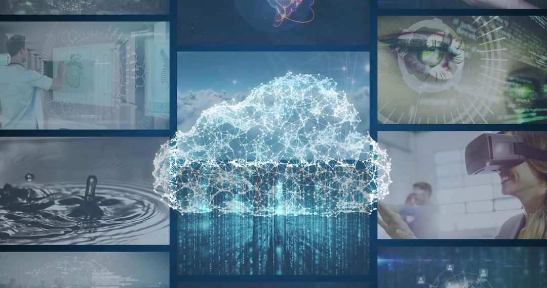 Digital Cloud Technology Collage Representing Network Computing