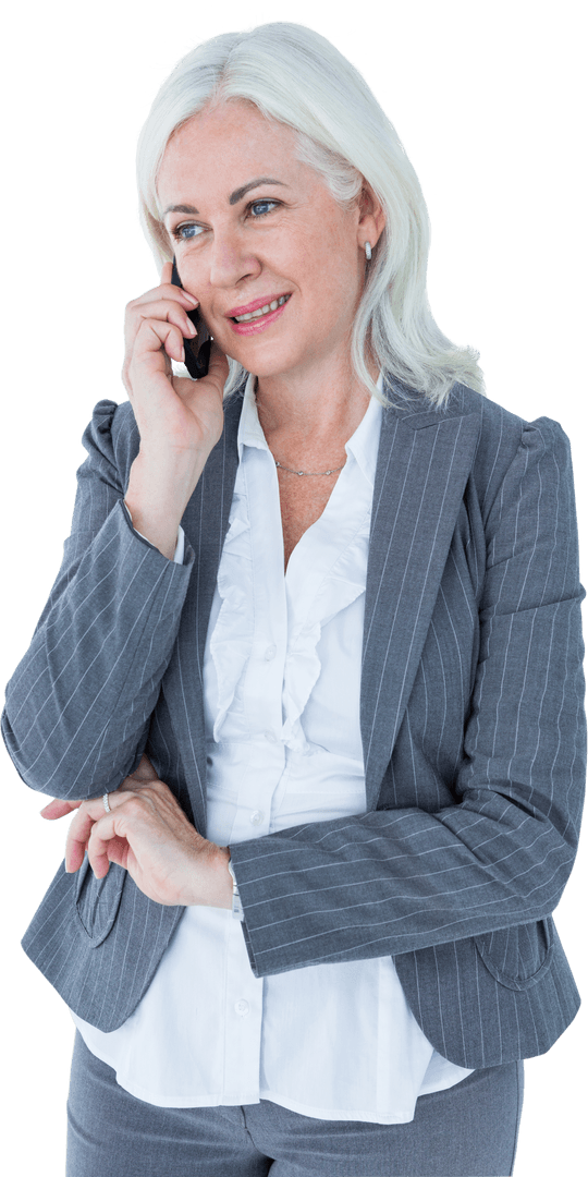 Transparent Mature Businesswoman Smiling While Talking on Phone