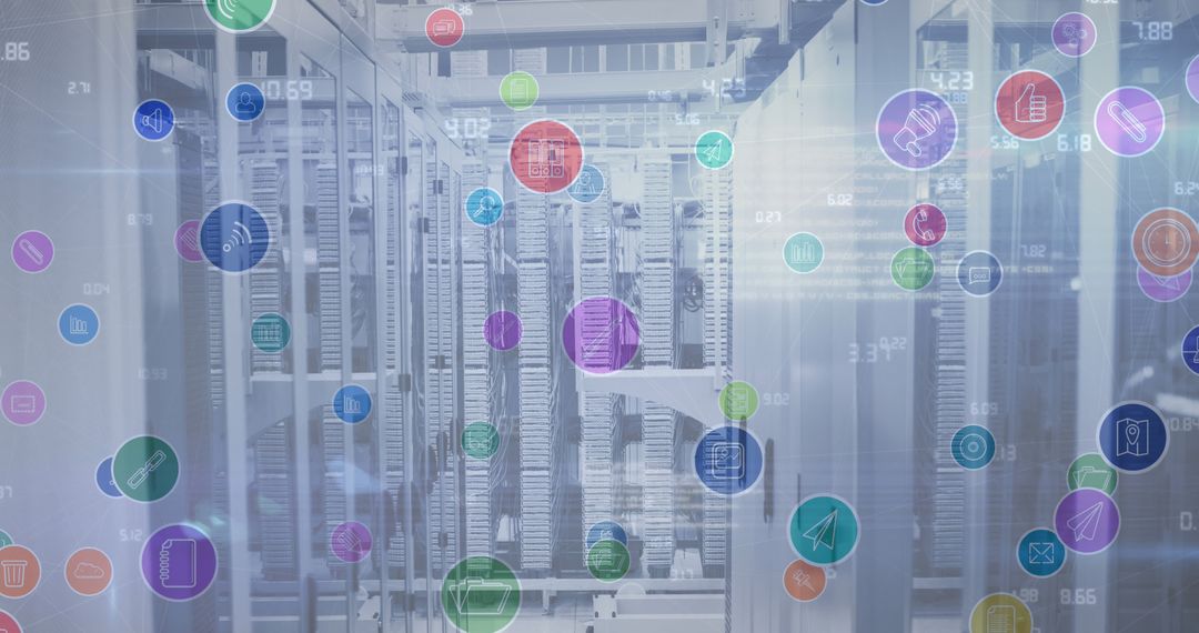 Digital Interface Icons Over Server Room Technology Concept