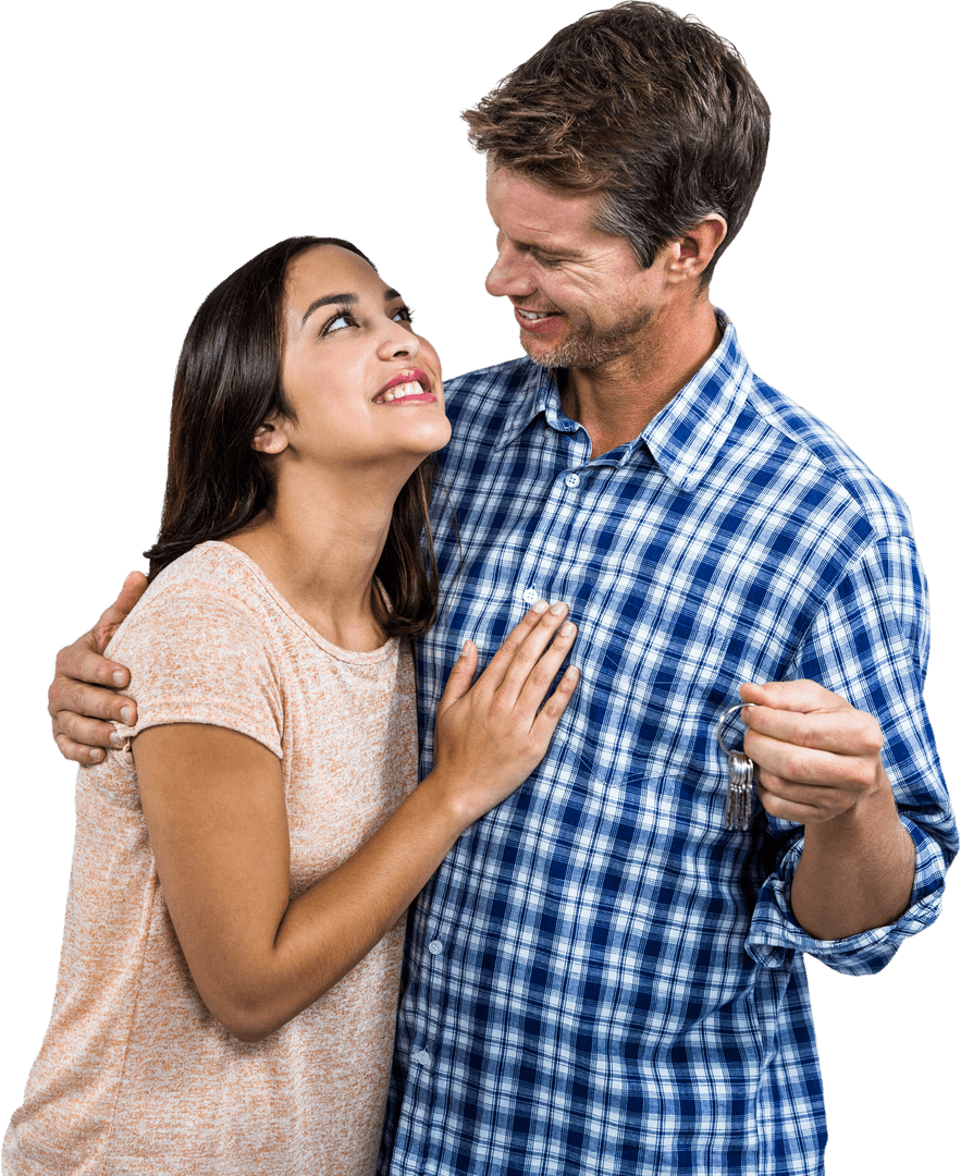 Transparent Celebrating Couple Holding New Home Keys
