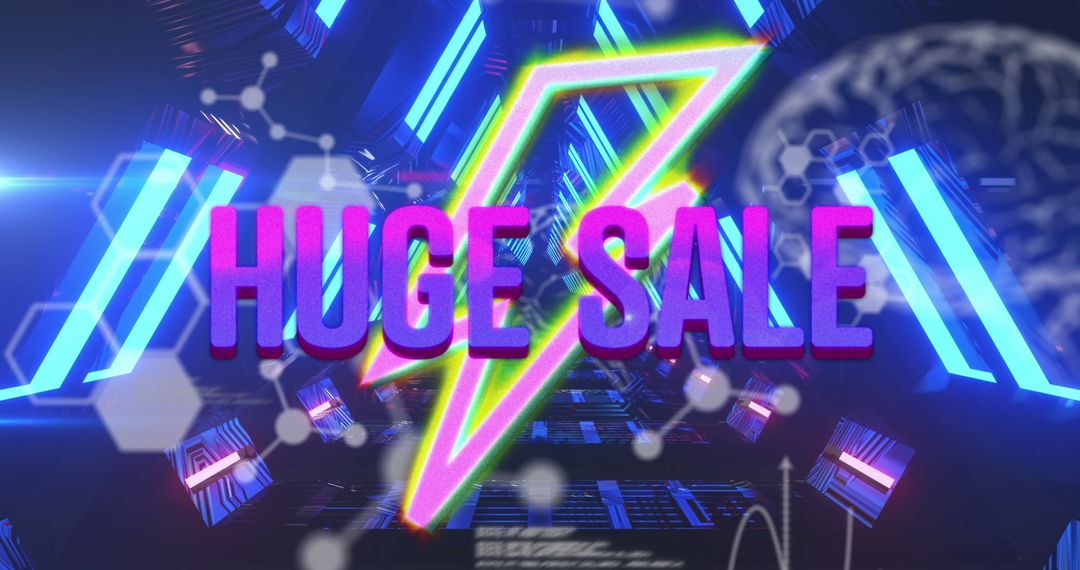 Futuristic Huge Sale Banner with Neon Graphics and Digital Elements