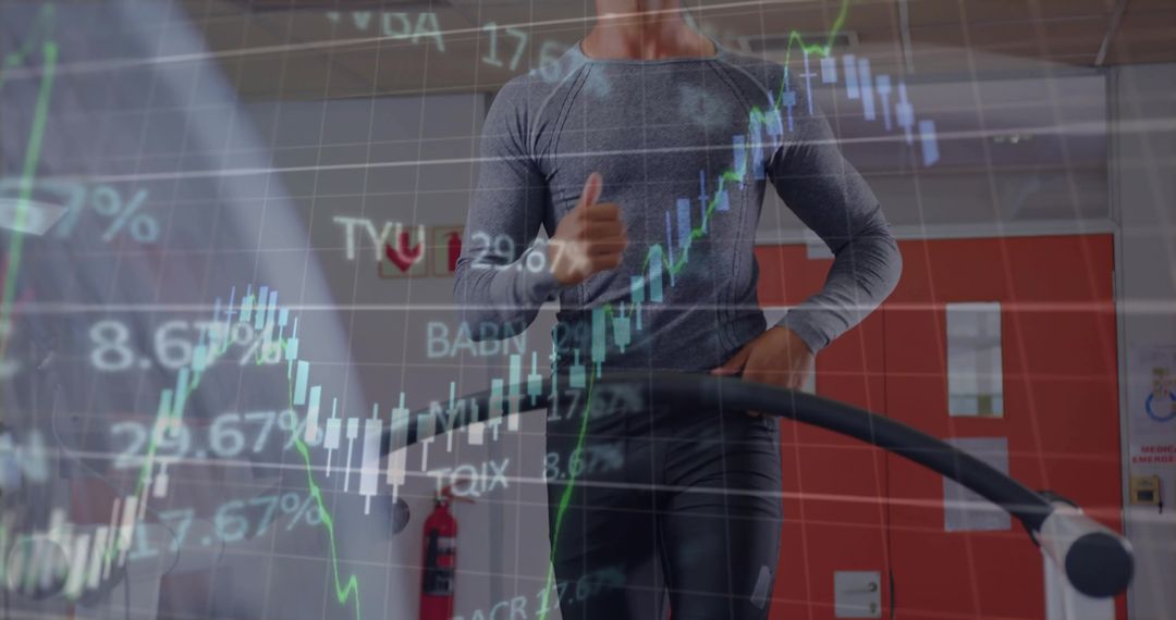 Man Running on Treadmill with Superimposed Financial Graphs