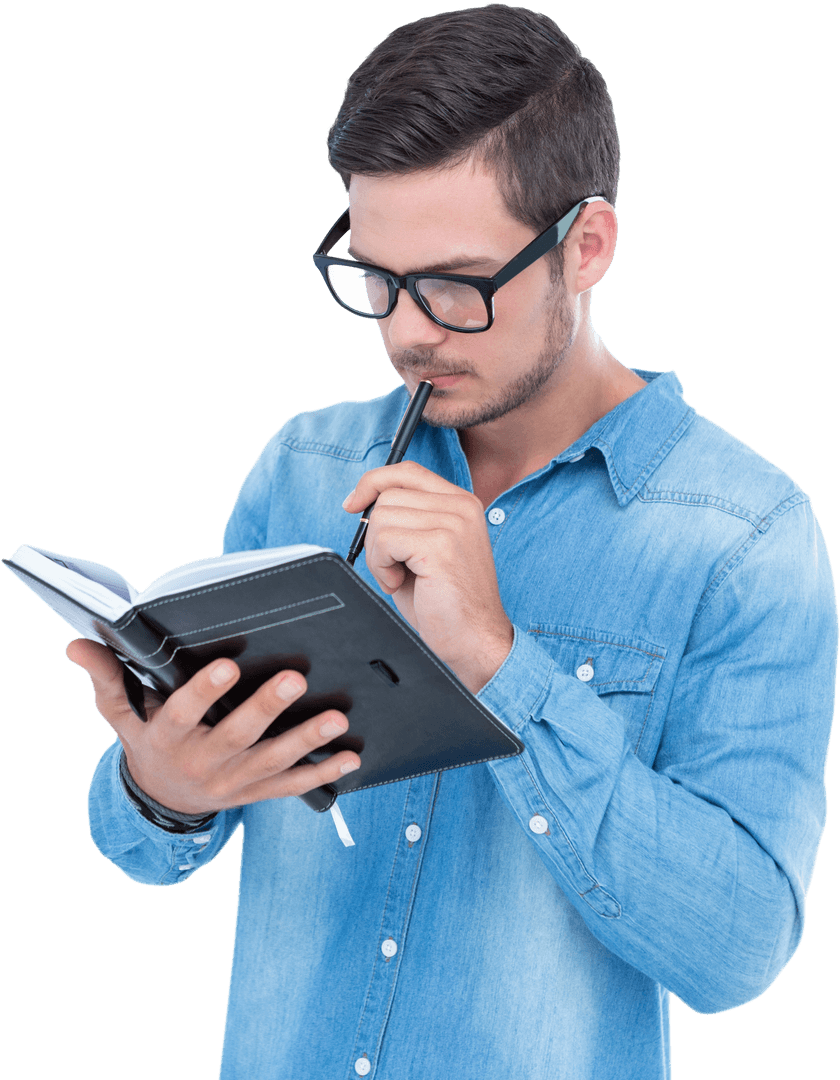 Thinking Young Man Reading Notebook Transparent Background