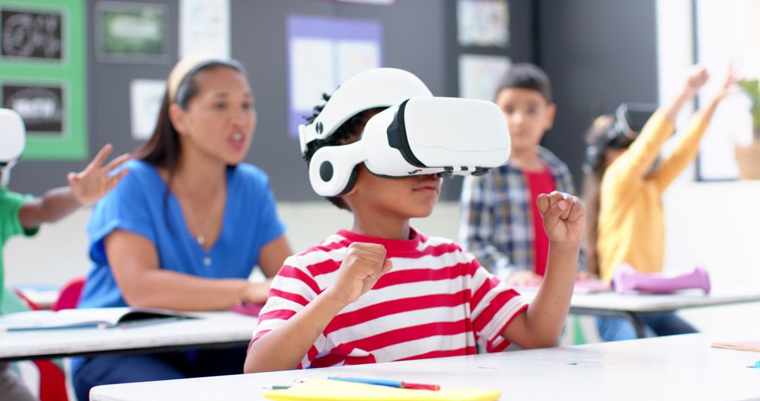 Boy in Classroom Using VR Headset Engaging in Virtual Learning Experience