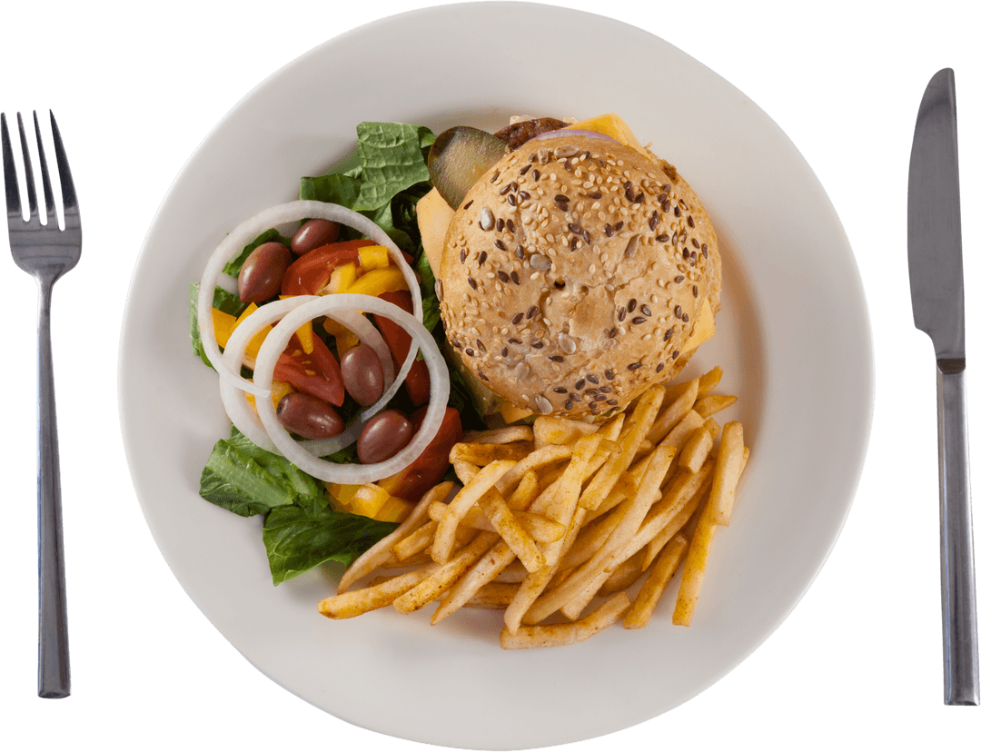 Hamburger Delight with Crisp Fries and Fresh Salad on Transparent Plate