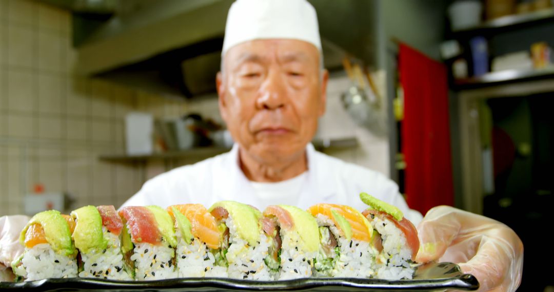 Experienced Chef Holding Freshly Prepared Sushi Roll in Modern Kitchen - Free Images, Stock Photos and Pictures on Pikwizard.com