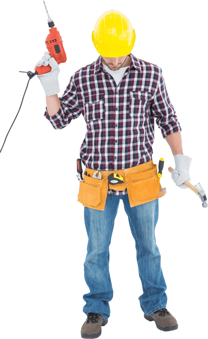 Transparent Construction Worker Holding Drill and Hammer