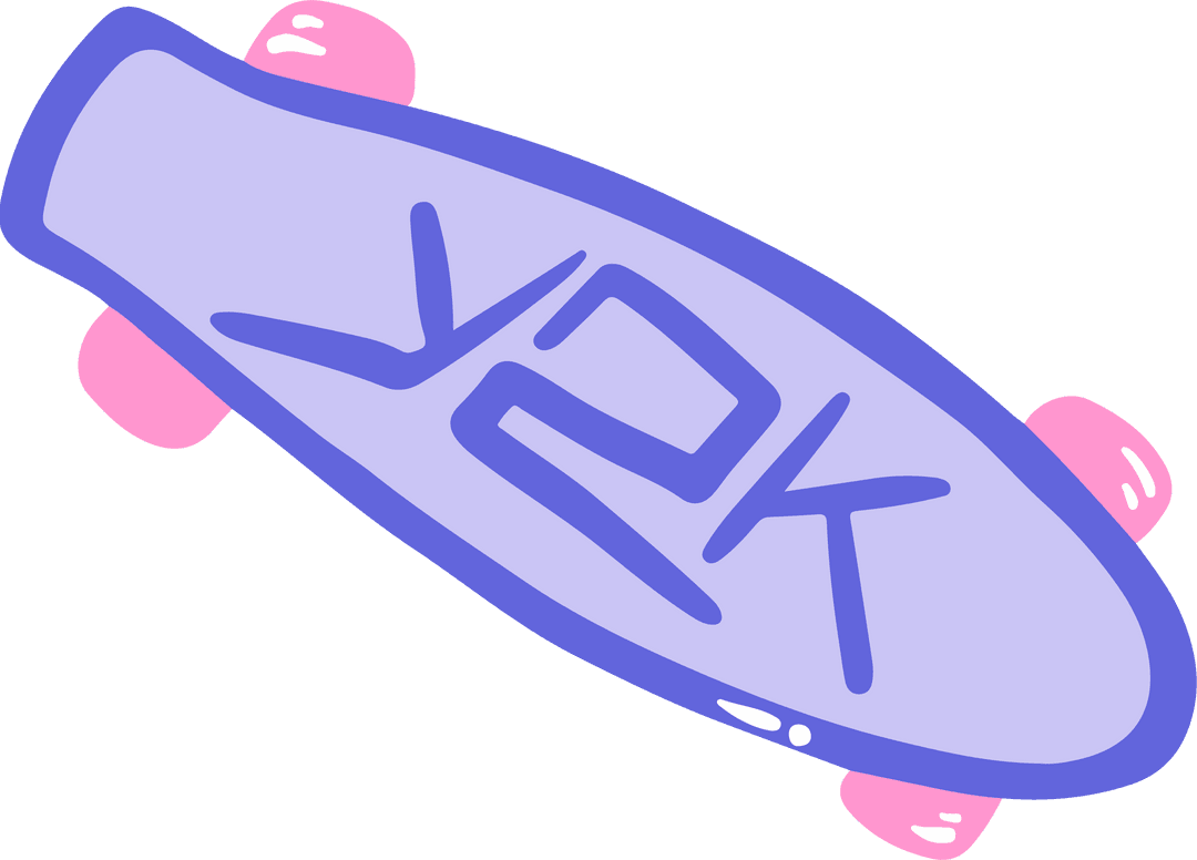 Lavender Skateboard with Y2K Lettering on Transparent Background
