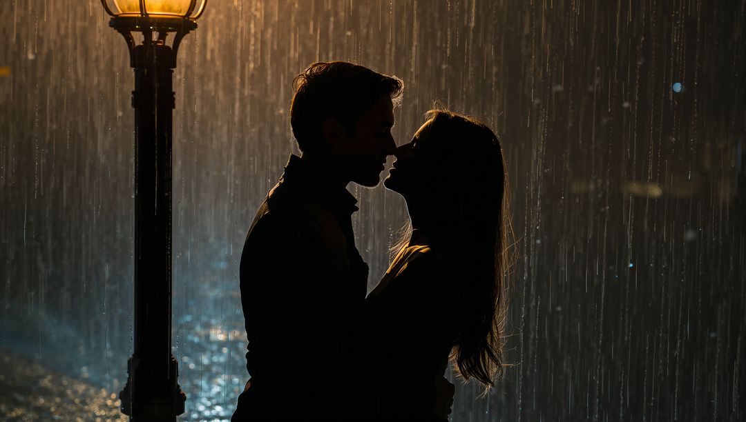 Romantic Silhouette of Couple Embracing in Rain