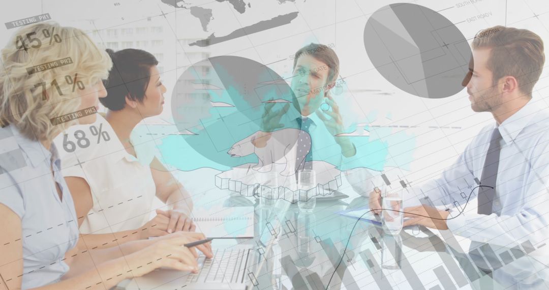 Diverse Business Team Collaborating with Overlaid Analytics Graphics