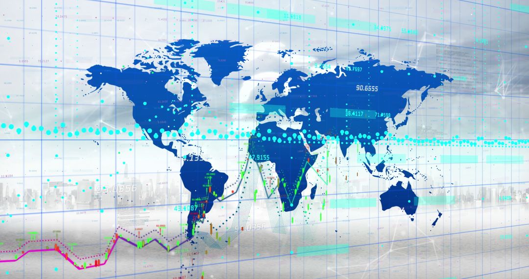 Digital World Map and Data Overlap above Urban Skyline