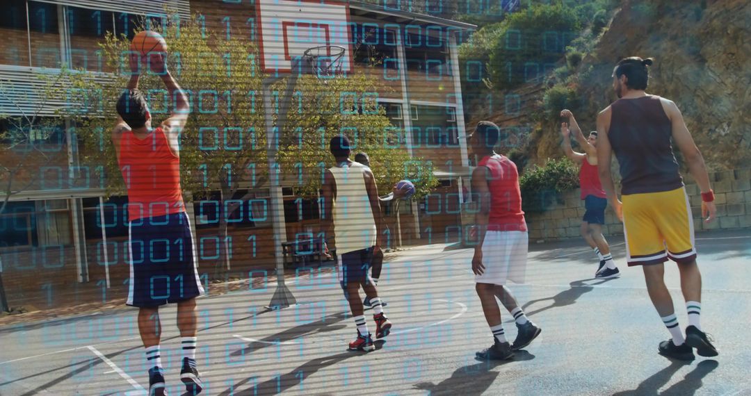 Basketball Game with Binary Code Overlay on Urban Court