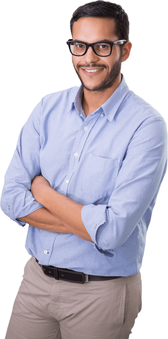 Transparent Smiling Businessman with Glasses and Folded Arms