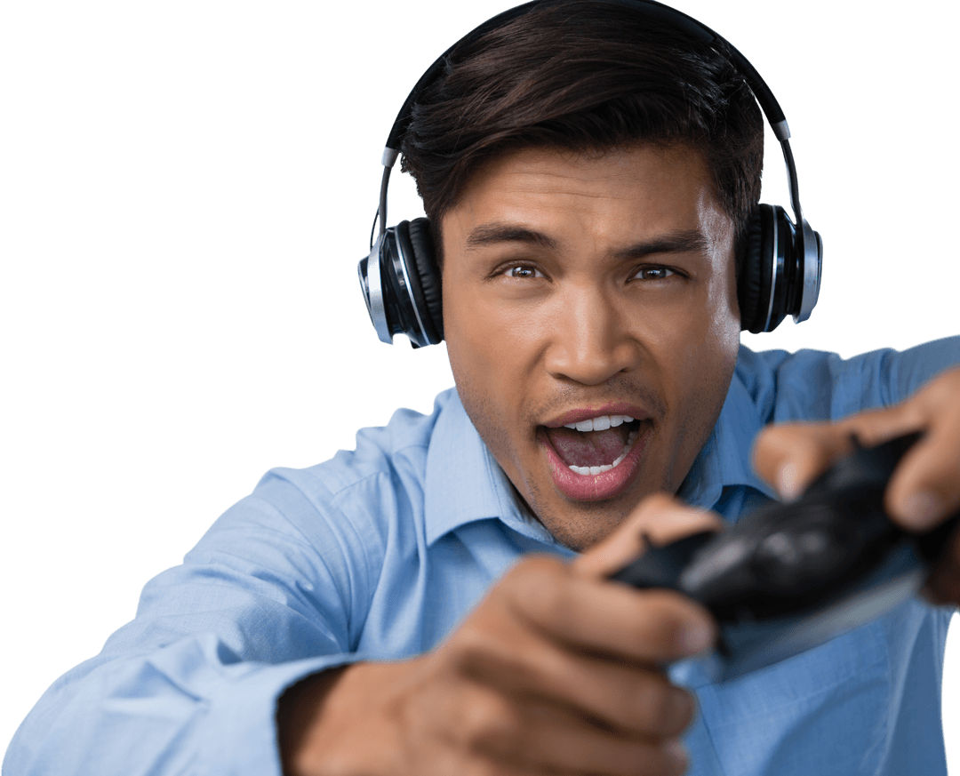Transparent Young Businessman Enthusiastically Gaming with Headset