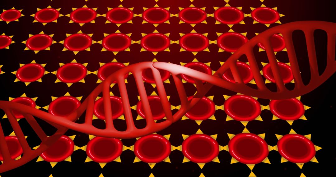 DNA Helix Over Red Background with Cells