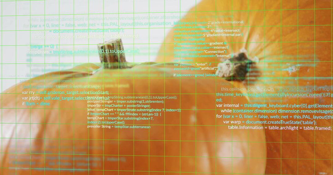 Glistening Orange with Water Droplets and Green Grid Code Overlay for Food Tech Visuals