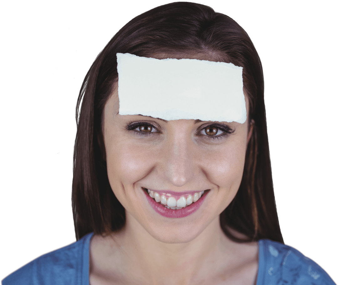 Smiling Brunette with Transparent Note on Forehead