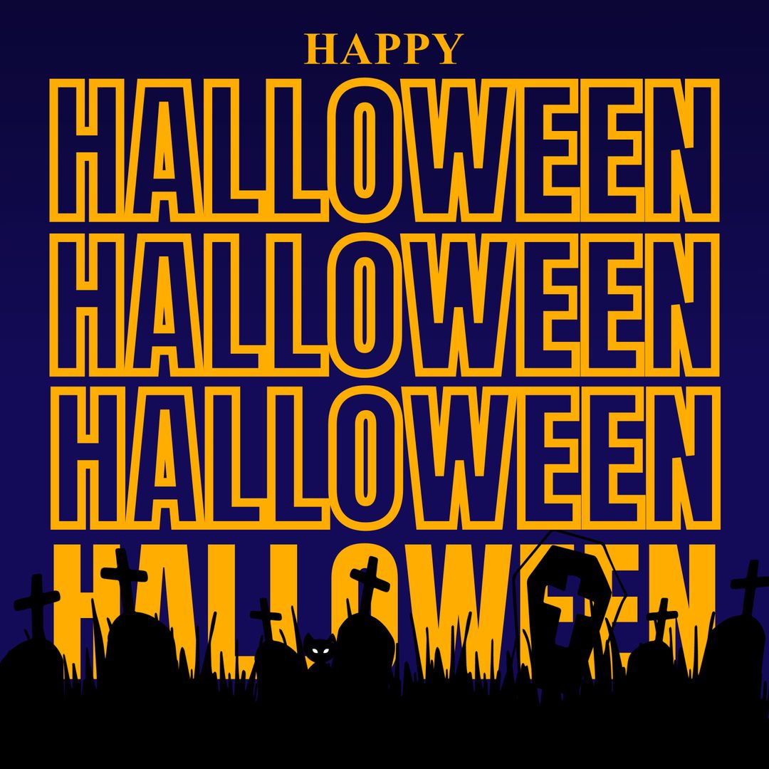 Happy Halloween Text with Silhouetted Cemetery and Crosses