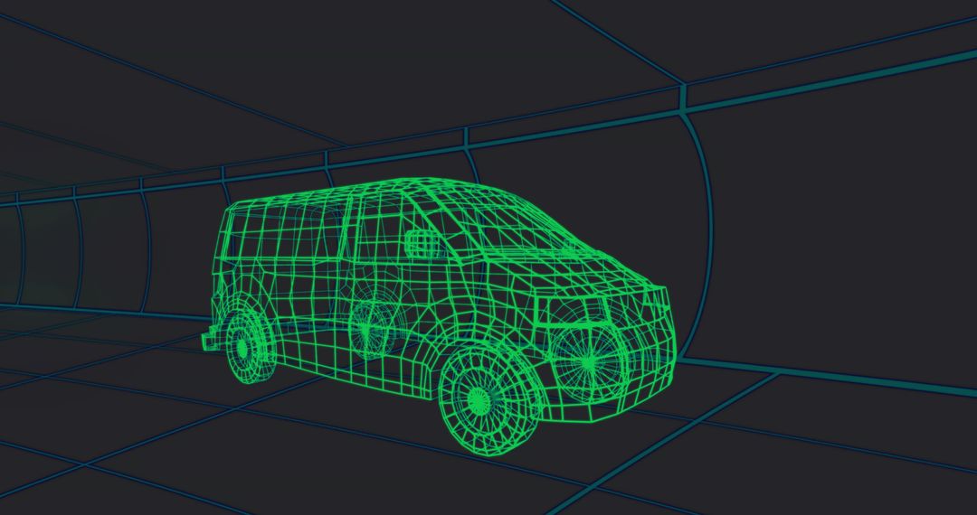 Neon Green Wireframe Van in Futuristic Tunnel