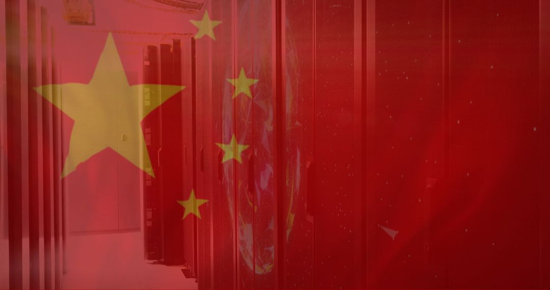 Chinese Flag Over Digital Data Servers Symbolizing Global Technology Ties