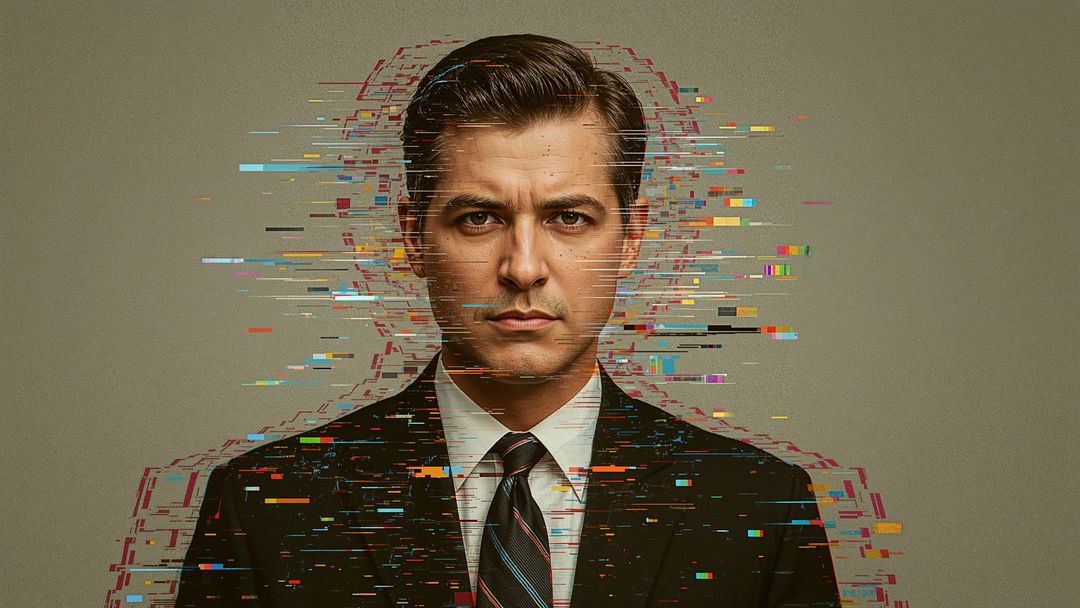 Prosecutor businessman in suit with digital glitch effect