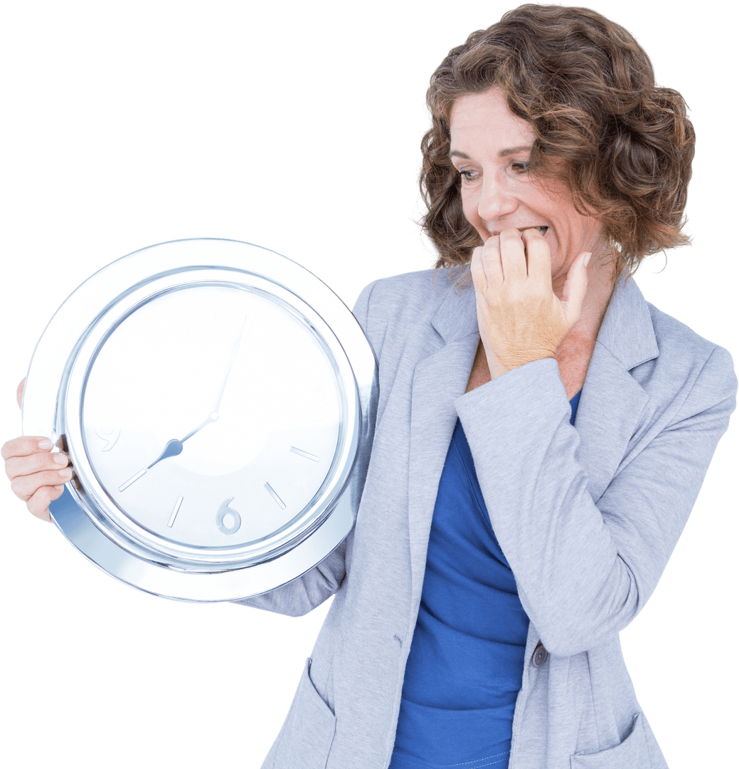 Worried Businesswoman Holding Transparent Clock on Deadline