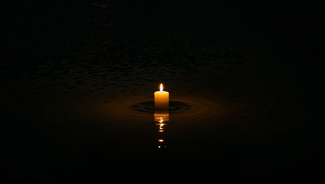 Floating Candle Casting Warm Reflection on Calm Dark Water, Minimal Night Solitude