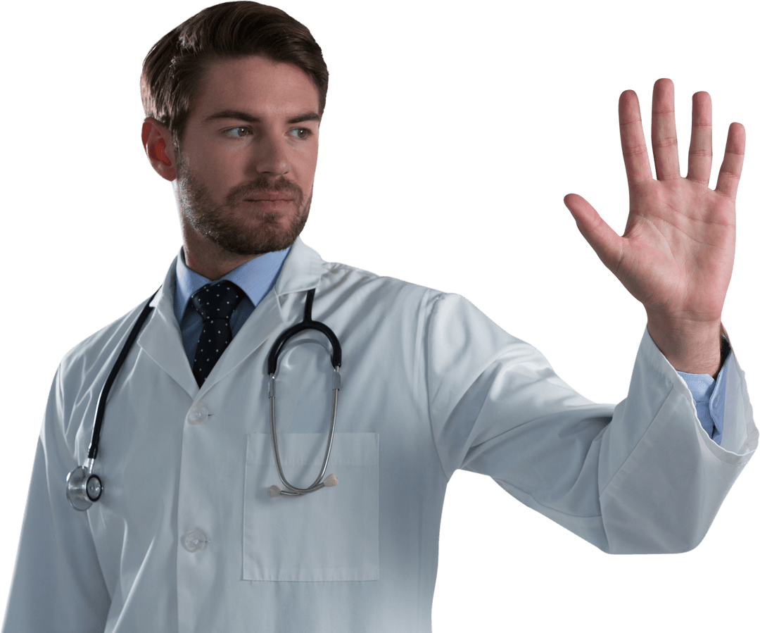 Professional Male Doctor Interacting with Transparent Interface Technology