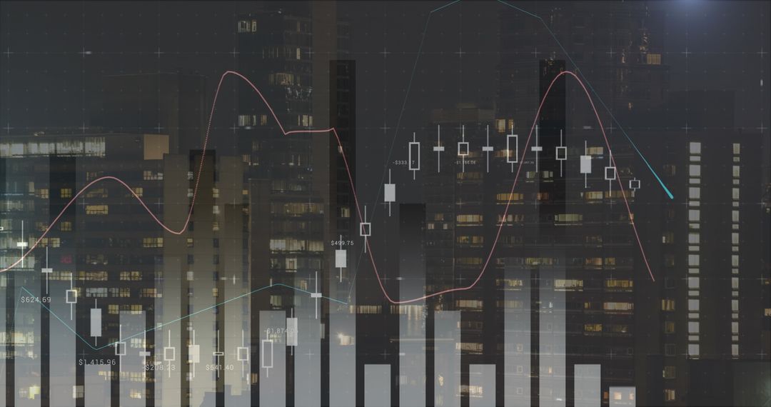 Digital Financial Chart Overlaying Urban Skyline at Night