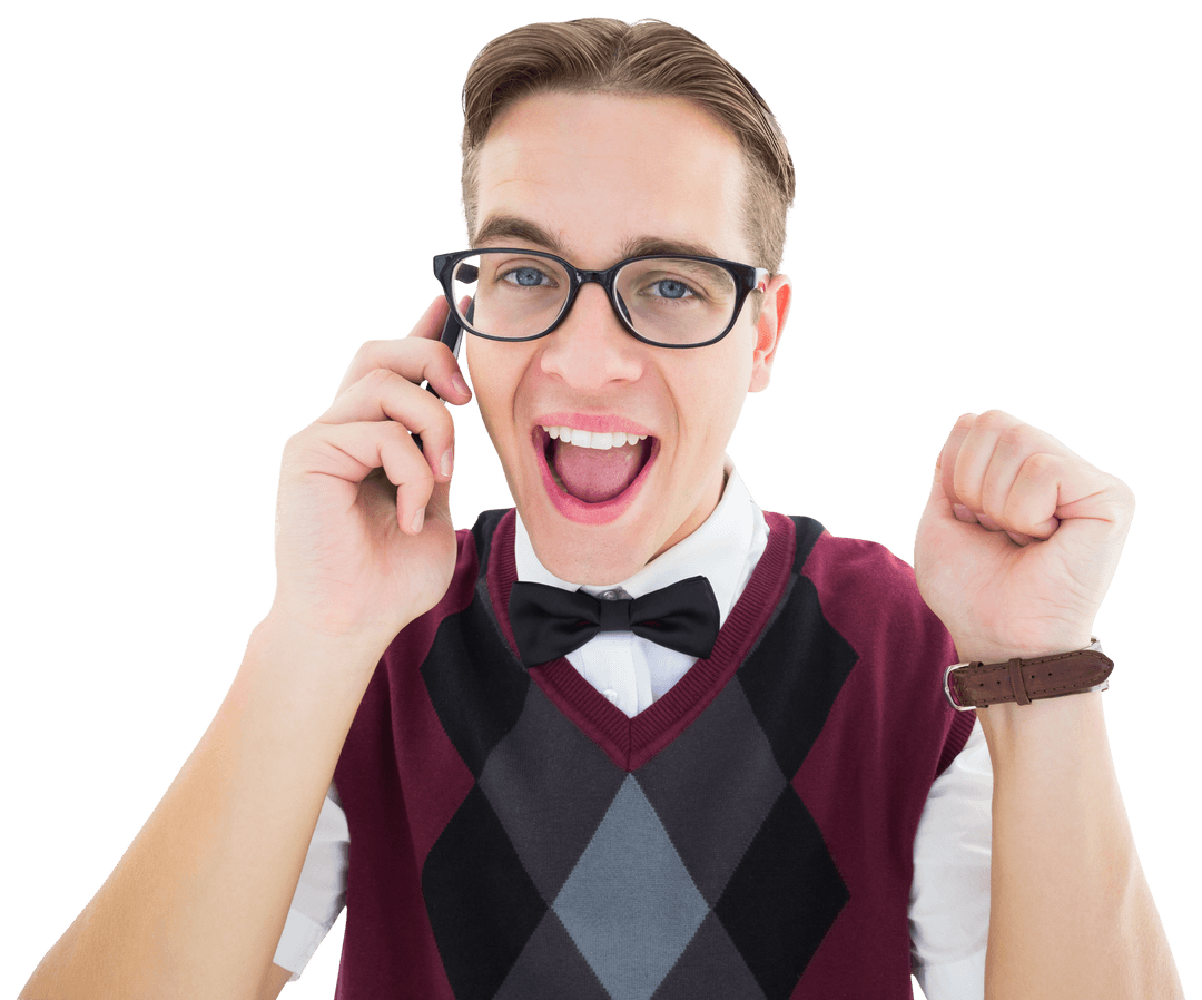 Transparent Image of Excited Geeky Person Talking on Phone
