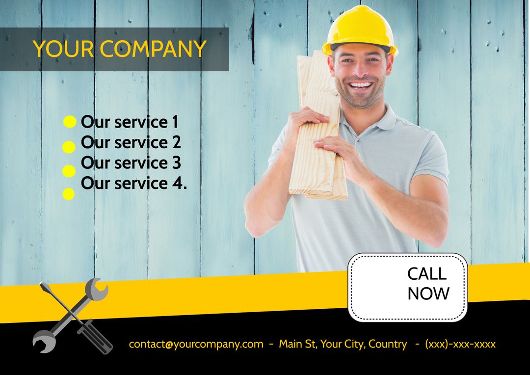 Construction Services Promotion with Smiling Worker Holding Lumber - Download Free Stock Templates Pikwizard.com