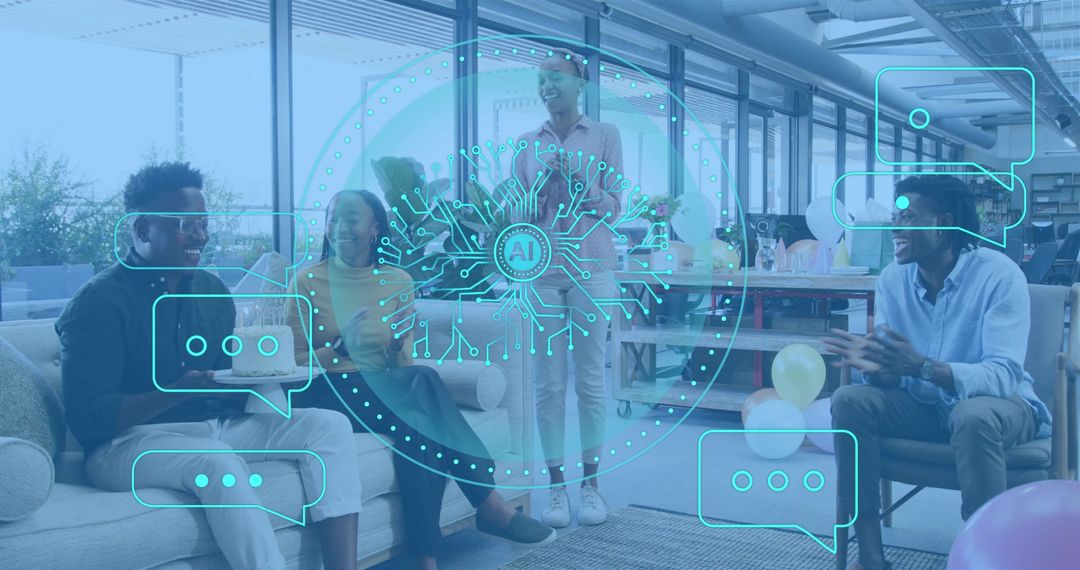 Team Celebrating Office Birthday with Cake and AI Overlay in Modern Collaborative Workspace