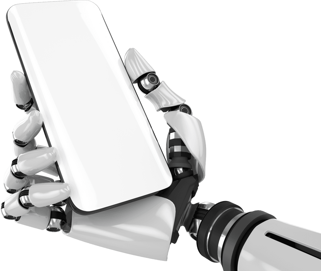 Robot Hand Holding Smartphone on Transparent Background AI Innovation Concept
