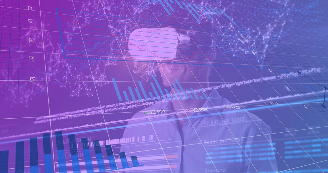 Man with VR Headset Analyzing Virtual Data Graphs