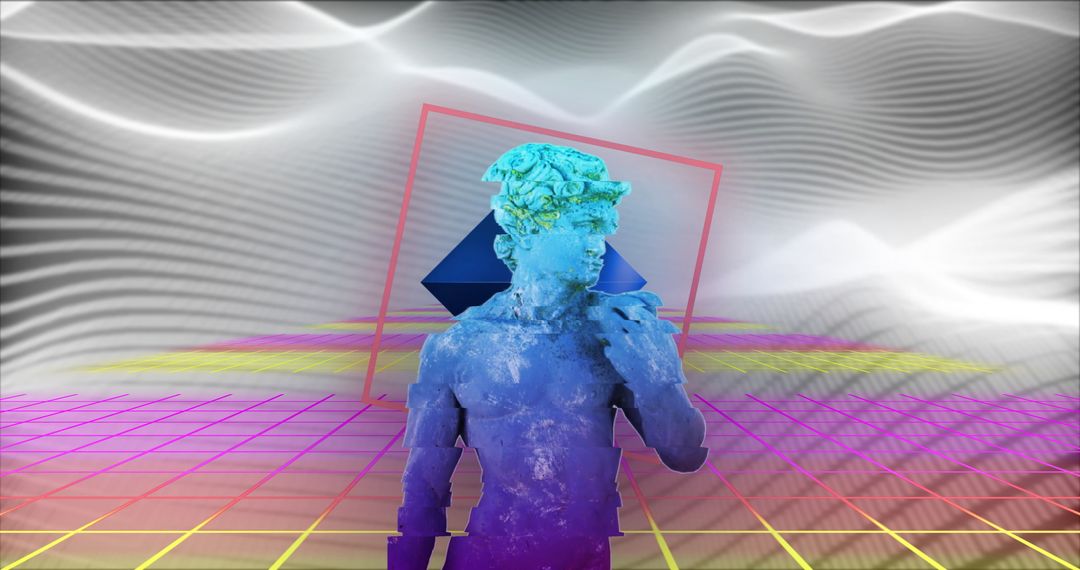 Retro Futuristic Digital Landscape with Classical Sculpture