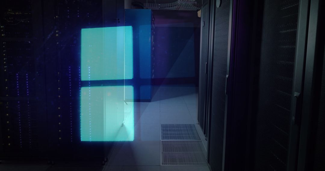 Server Room with Digital Display and Blue Lights