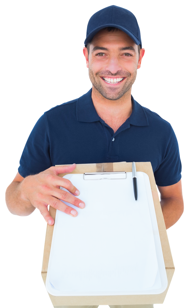 Transparent Delivery Man Smiling with Package and Clipboard - Download Free Stock Images Pikwizard.com