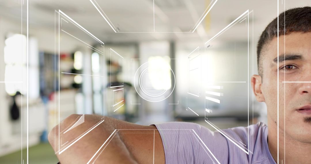 Athlete Raising Arm and Focusing with Augmented Reality HUD Overlay in Gym Training