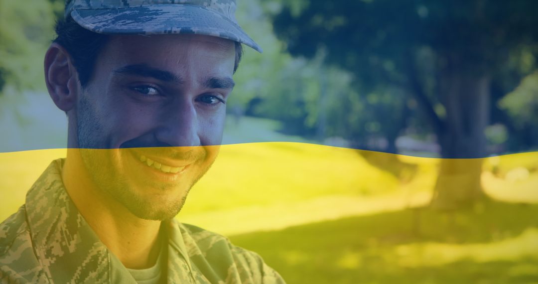 Smiling Biracial Soldier with Ukraine Flag Overlay Highlighting International Unity