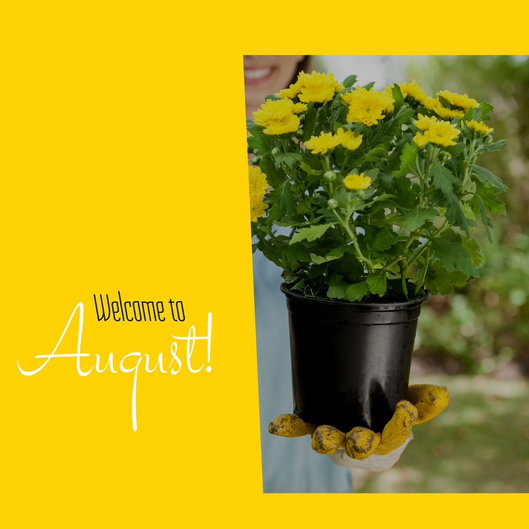 Welcome to August: Woman Holding Potted Flowers in Summer Farm