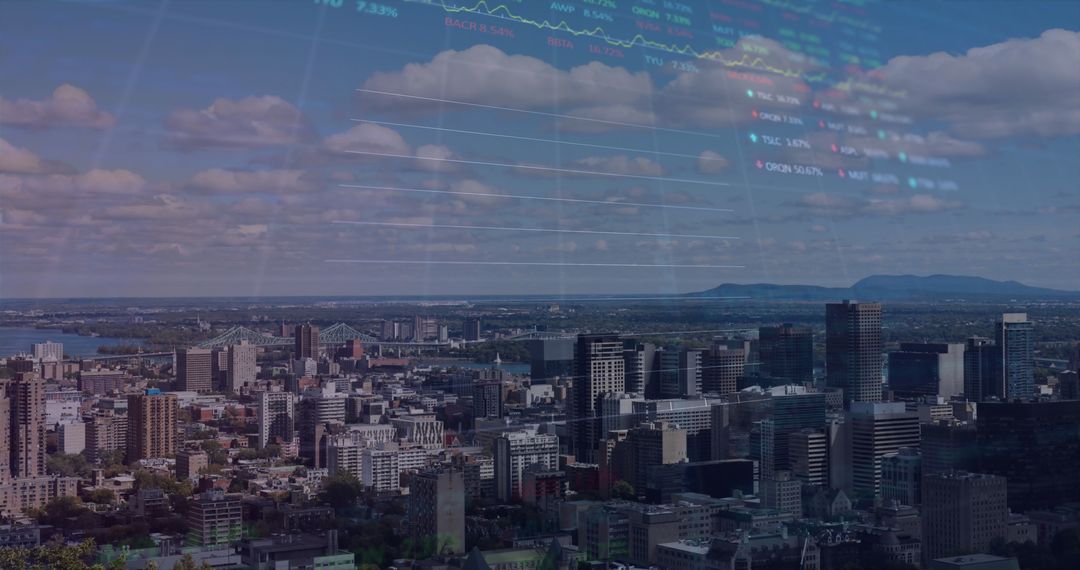 Financial Data Overlay on Urban Cityscape with Digital Interface