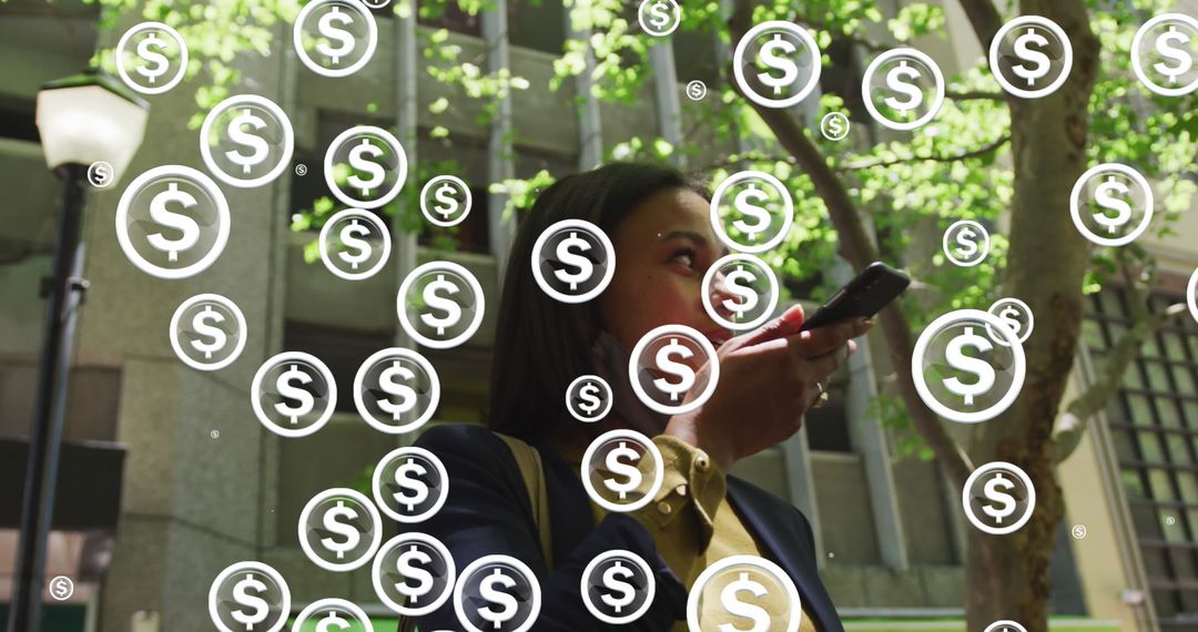 Woman Using Smartphone Surrounded by Digital Dollar Signs