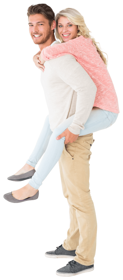 Couple Enjoying Friendly Piggyback Ride on Transparent Background