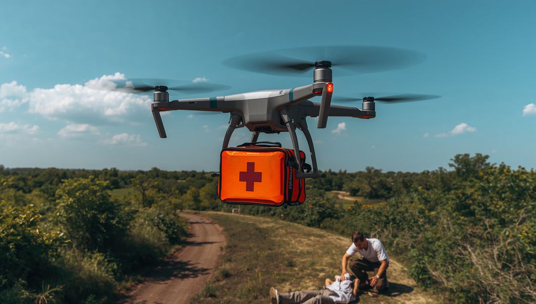 Drone Delivering Emergency Medical Kit Over Rural Trail While Helper Tending Casualty