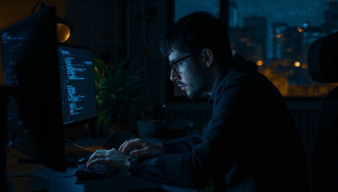 Nighttime Developer Coding on Dual Monitors in Urban Home Office with Blue Ambient Lighting