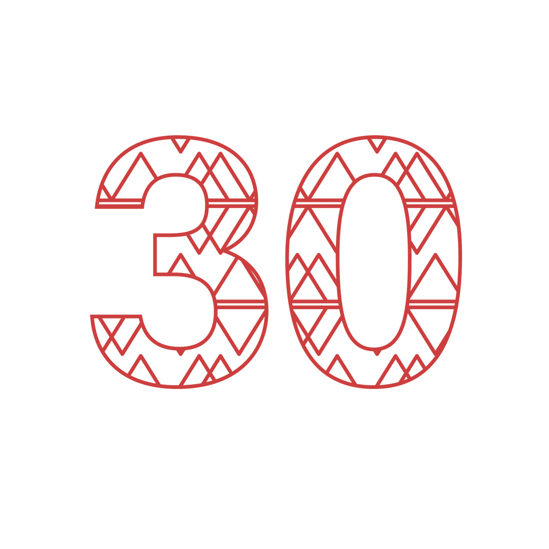 Red Geometric Number 30 Vector Illustration on Transparent Background