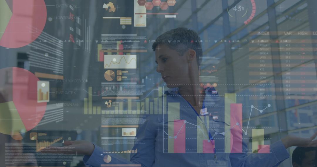 Businessman Analyzing Data with Digital Charts Overlay