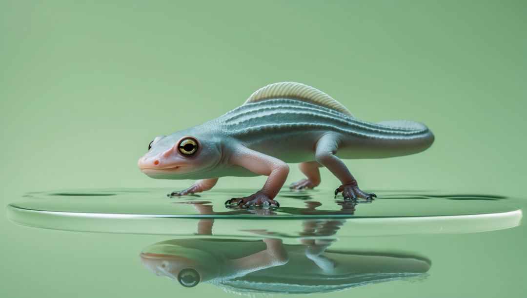 AI-Generated Teal Gecko on Reflective Platform Example