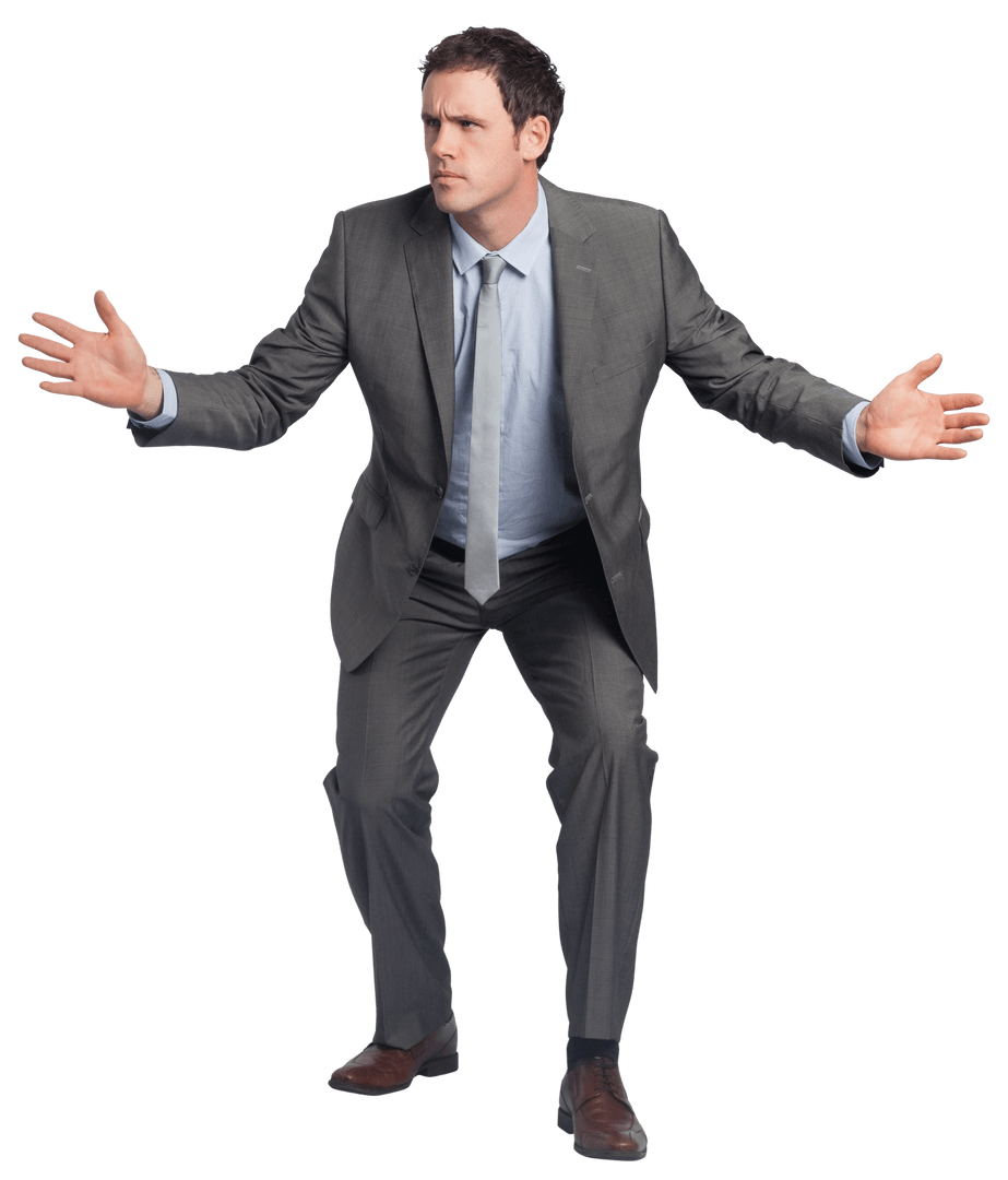 Confused Businessman Gesturing with Arms Out Transparent Background